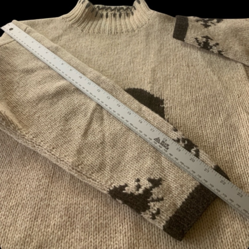 Muskoka Lakes Wool Sweater Pull on Cardigan Funnel Neck Moose & Snow Beige BRN L - Picture 14 of 15